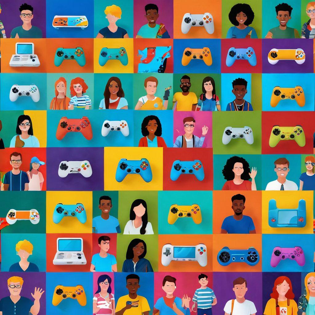 A vibrant collage showcasing diverse people engaging in various interactive online games on colorful screens. Include elements like game controllers, avatars in action, and a mix of genres like puzzle, racing, and adventure. The background should be energetic and filled with abstract shapes representing fun and excitement. A sense of community is emphasized with friends laughing and sharing experiences. super-realistic. vibrant colors. dynamic composition.