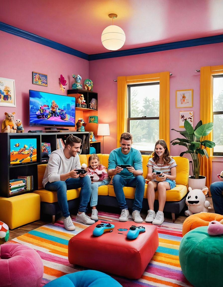 A vibrant family gathered around a modern gaming console, joyfully playing a colorful video game together. The room is filled with playful decor, large screens displaying animated characters, and plush toys scattered around. Bright, cheerful colors dominate the scene, emphasizing a sense of fun and adventure. Playful graphics radiate from the screens, inviting viewers into the world of family-friendly gaming. cartoonish style. vibrant colors. 3D.