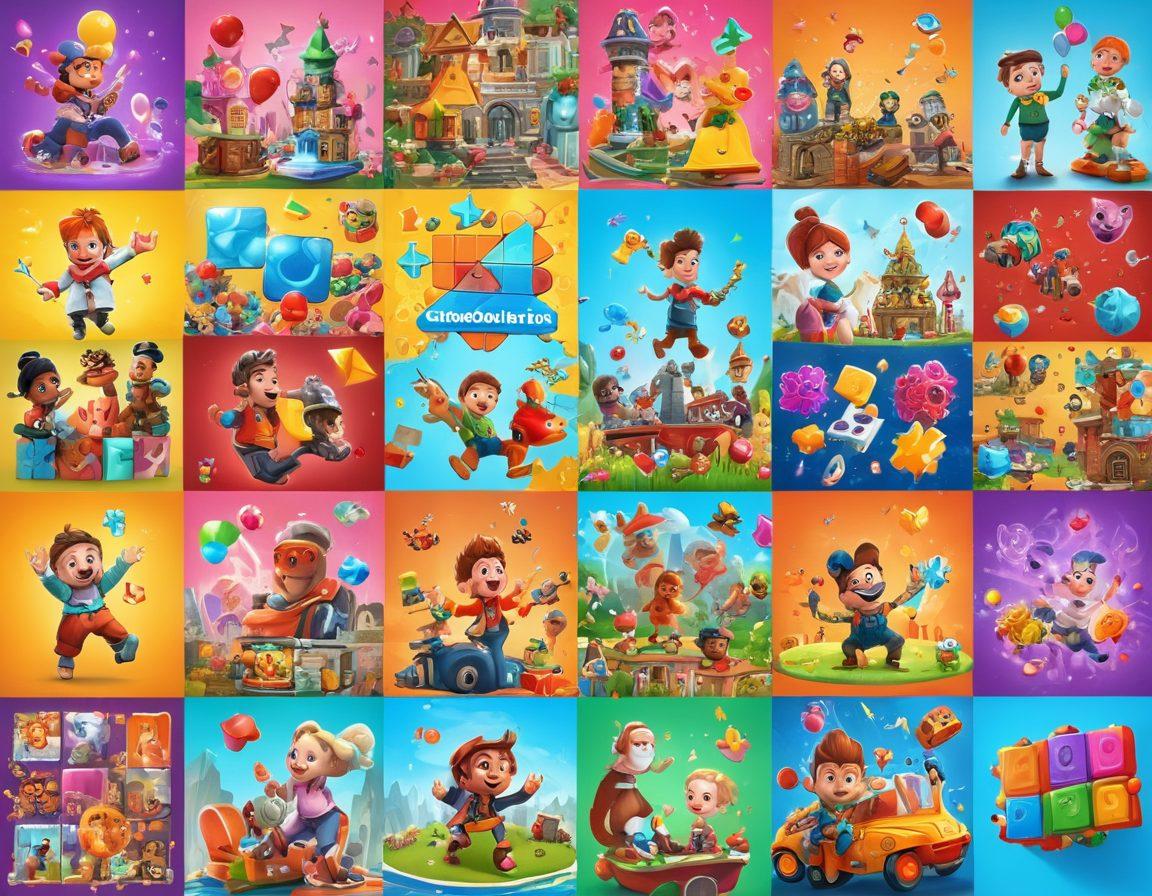 A dynamic collage showcasing a variety of free online games, featuring vibrant characters from puzzle, action, and strategy genres. Include playful elements like game controllers, confetti, and joyful people of different ages playing together on computers and tablets. Create an inviting atmosphere with bright colors and energetic motion, inviting viewers to dive into the fun. whimsical style. vibrant colors. 3D.